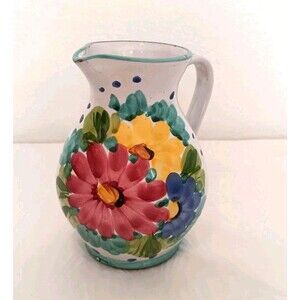 Vintage Italian Hand Painted Floral Ceramic Pitcher Italy Stamped Pottery  1970s